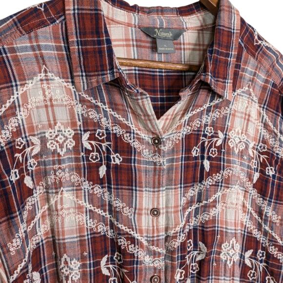 Natural Reflections Flannel Plaid Embroidered Top XL Red Cozy Cottagecore Retro - Picture 6 of 11
